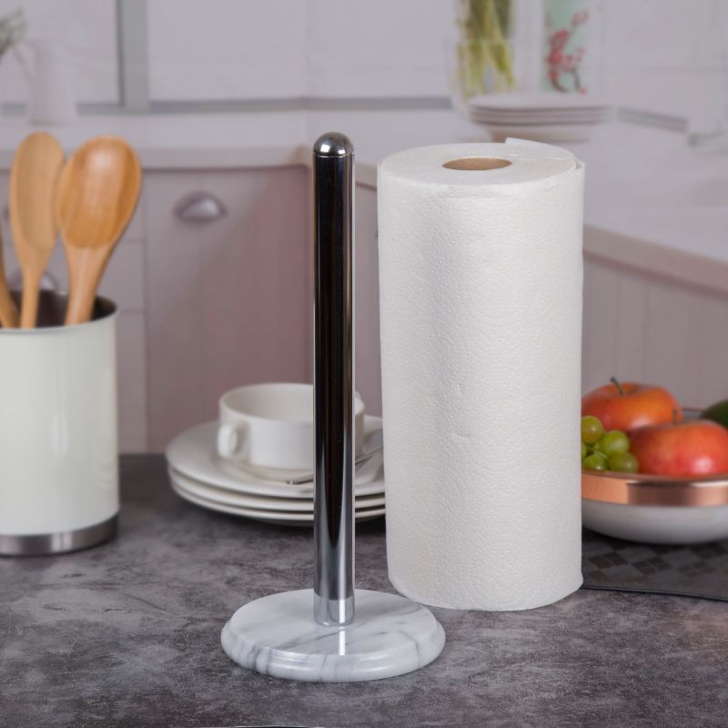 White Marble Upright Paper Towel Holder with Metal Pole in Chrome Finish