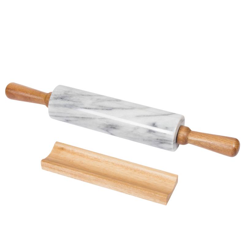 White Marble Rolling Pin with Deluxe Wood Handles and Cradle