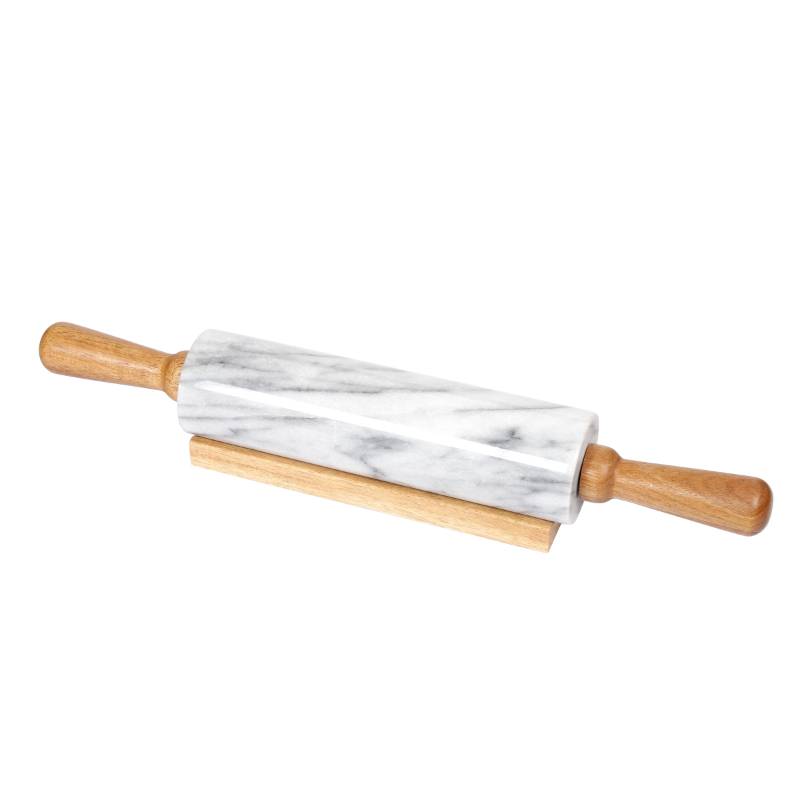 White Marble Rolling Pin with Deluxe Wood Handles and Cradle