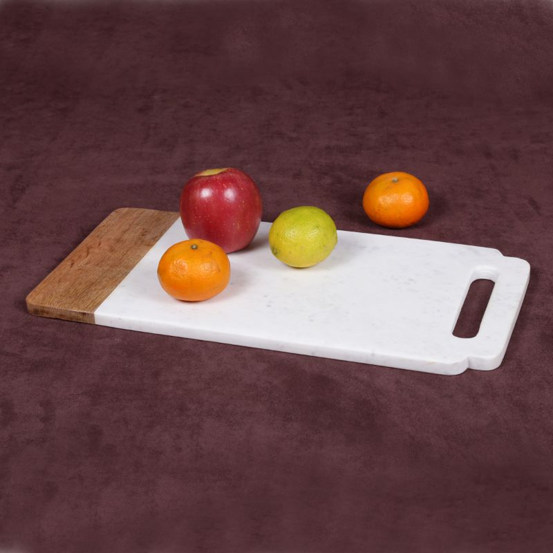 Creamy White Marble and Mango Wood 18" x 9" Handled Board