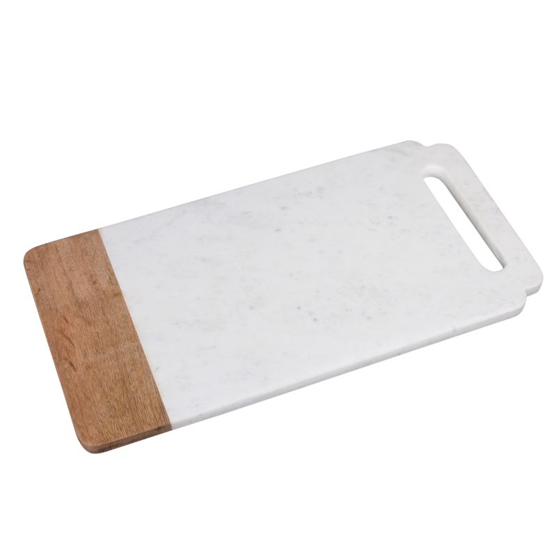 Creamy White Marble and Mango Wood 18" x 9" Handled Board